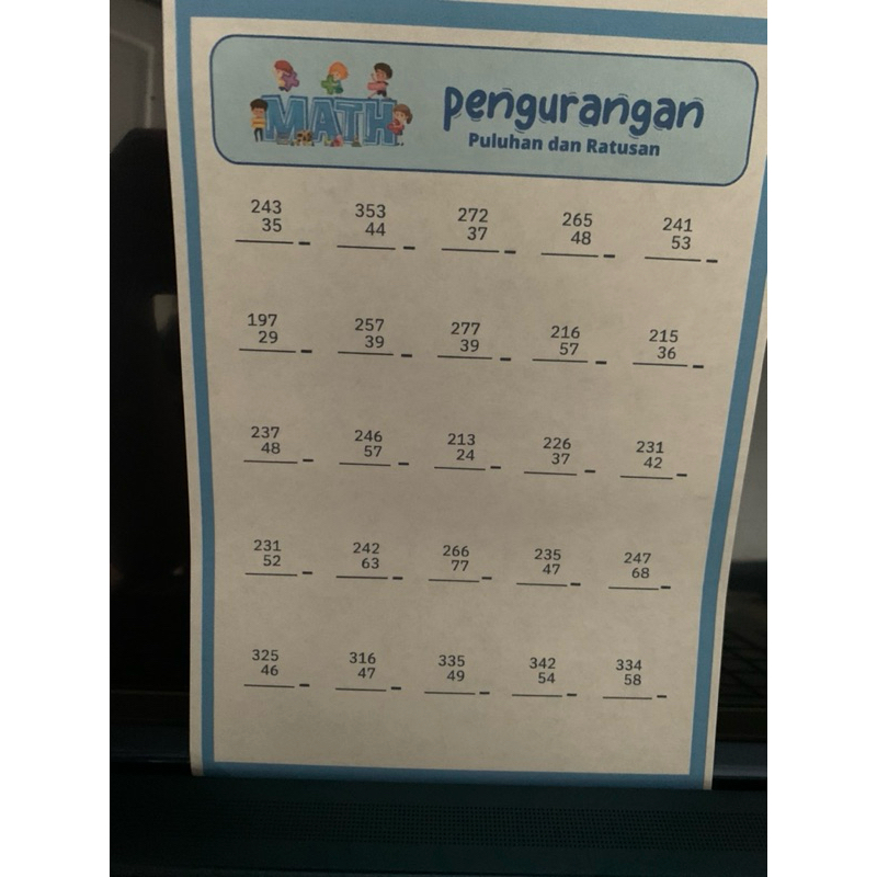 

LATIHAN SOAL MATEMATIKA PENGURANGAN PULUHAN DAN RATUSAN UNTUK ANAK SD 15 LEMBAR