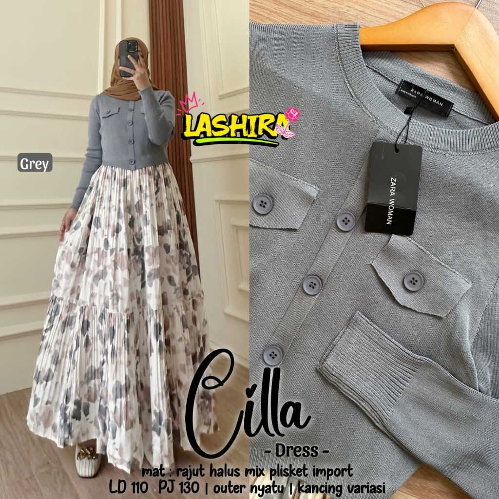 cilla dress dres maxy maxi pakaian baju gamis pesta lebaran bahan rajut plisket import adem melar wa