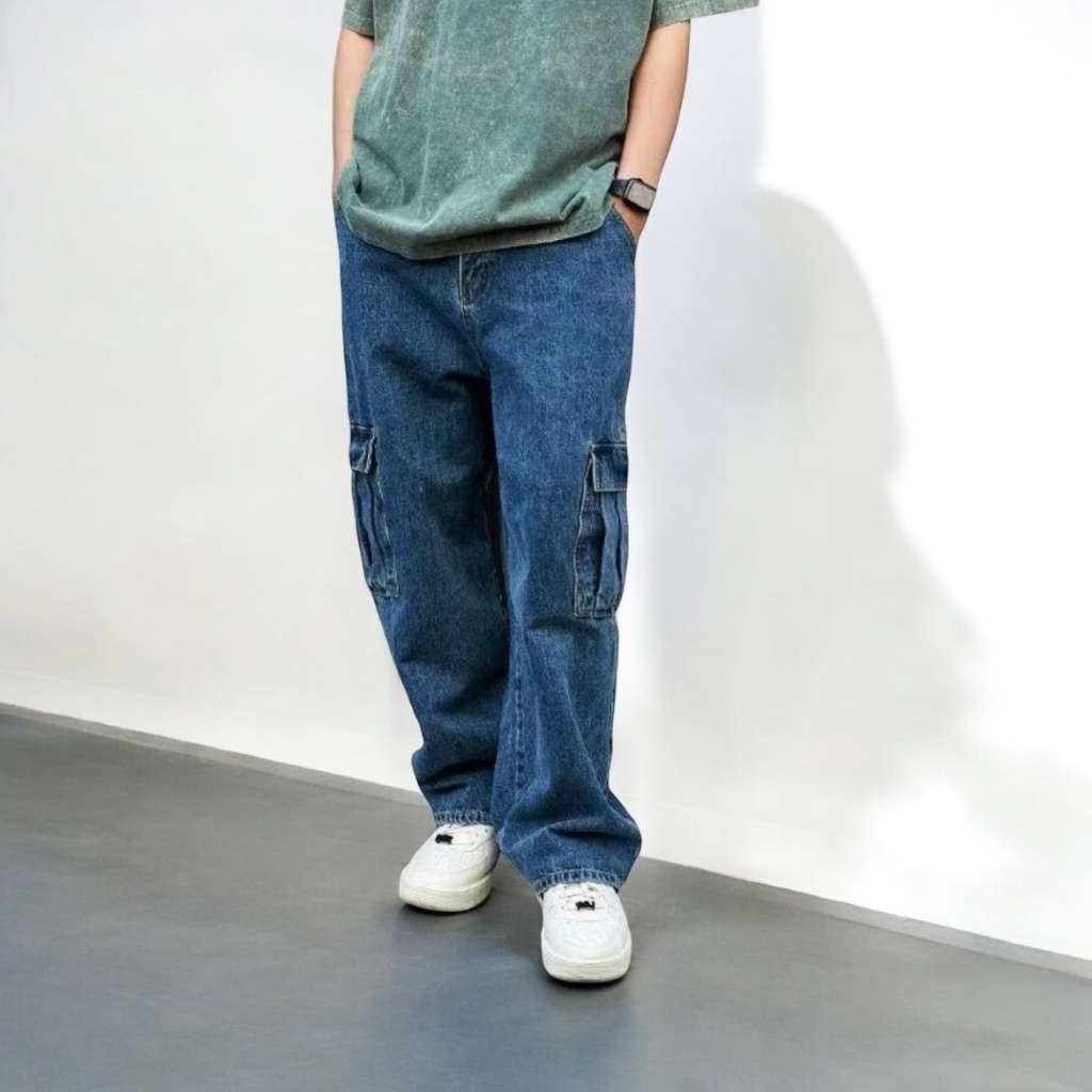 bestpromo dalt - cargo jeans panjang pria reguler standar loose cargo gombrong jeans pria celana