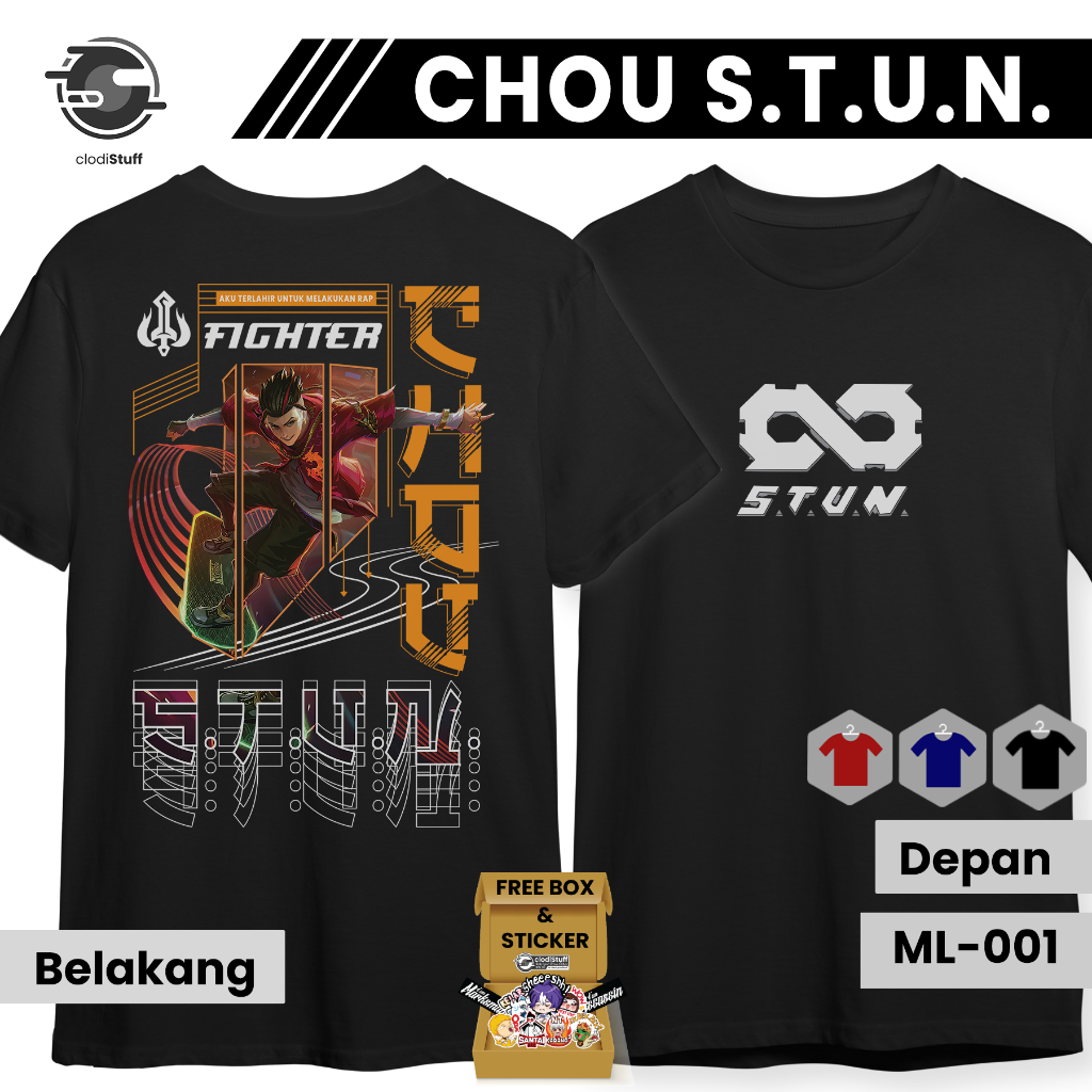 Kaos MLBB Chou STUN Mobile Legends Lengan Pendek Hitam Combed 24s Pria Wanita Crew Neck