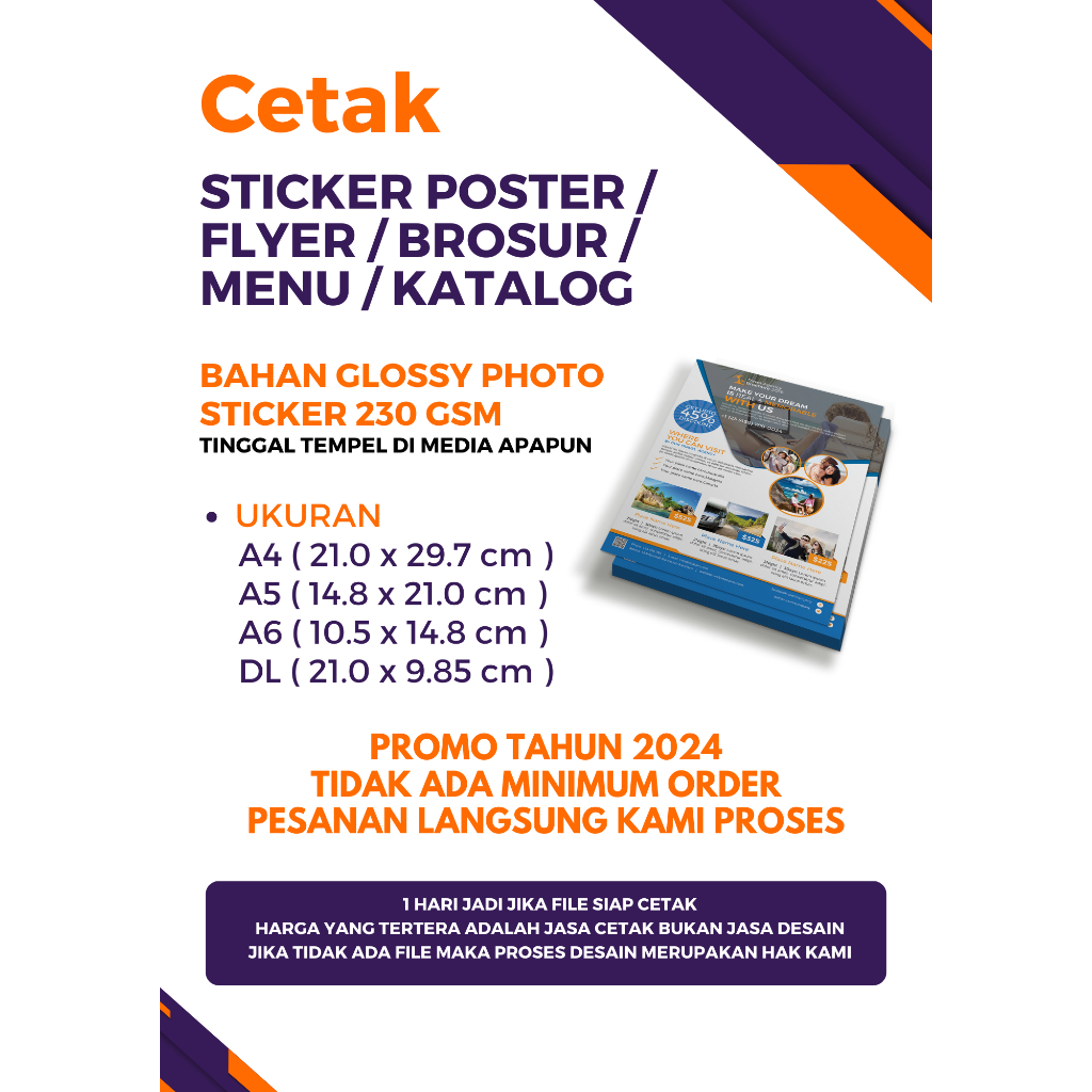 

CETAK STICKER FLYER , BROSUR , KUPON , KATALOG , MENU , PROMOSI , POSTER 1 HARI JADI UKURAN A4 , A5 , A6 , DL