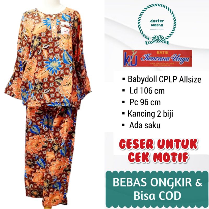 BABY DOLL SETELAN REMAJA CELANA PANJANG LENGAN PANJANG KANCING DEPAN BUSUI BATIK HALUS KENCANA UNGU 