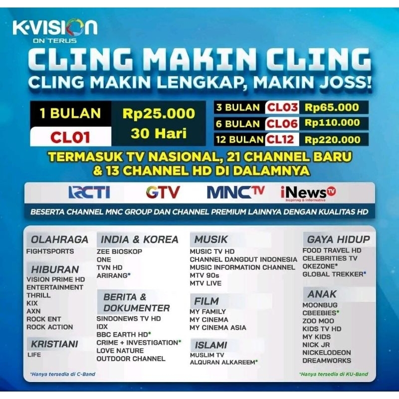 PAKET CLING MNC GROUP K VISION BROMO CARTENZ LGSAT DAN GOL