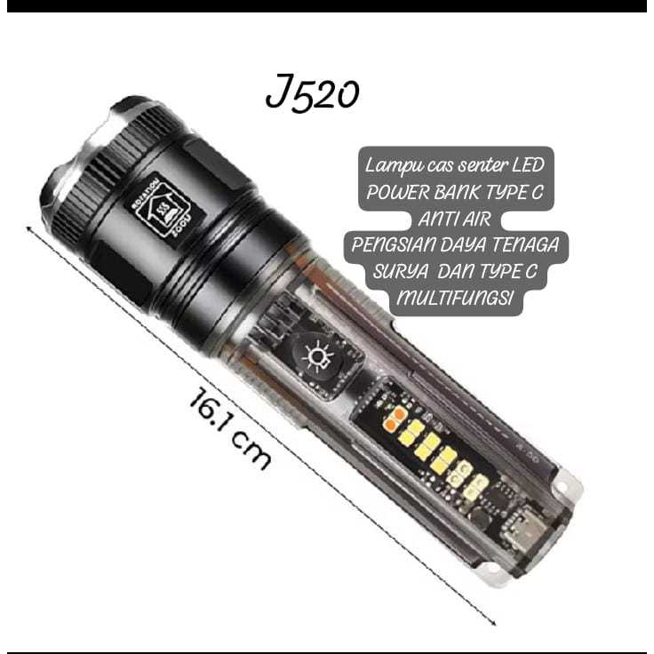 J520 ORIGINAL LAMPU CAS POWER BANK PB SENTER LED LASER ZOOM POWERBANK TYPE C MULTIFUNGSI SENTER CAHA