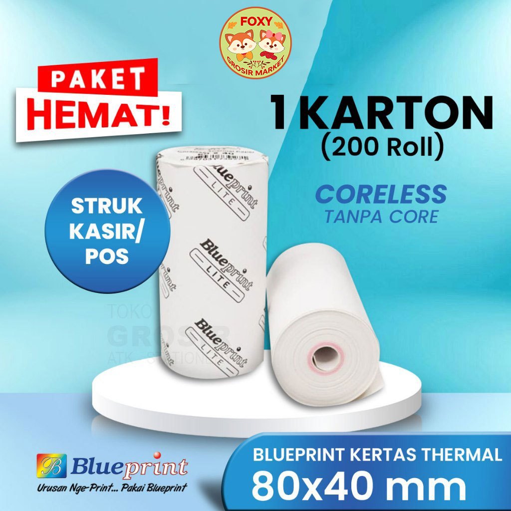 

PROMO HEMAT 80X40 (1 KARTON@200 roll) KERTAS THERMAL 80MM BLUEPRINT KERTAS KASIR STRUK TERMAL EDC LITE PAKET HEMAT