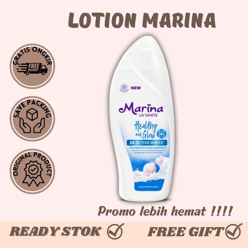 PROMO MARINA HAND & BODY LOTION HEALTY & GLOW 185ml  MARINA BODY LOTION BIRU