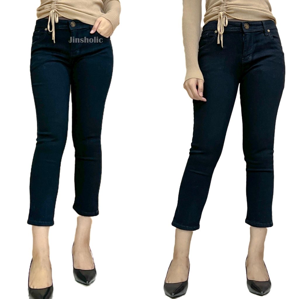 Celana Skinny Jeans 7/9 Hitam Wanita Stretch Premium Jinsholic 7924S Size 27-34