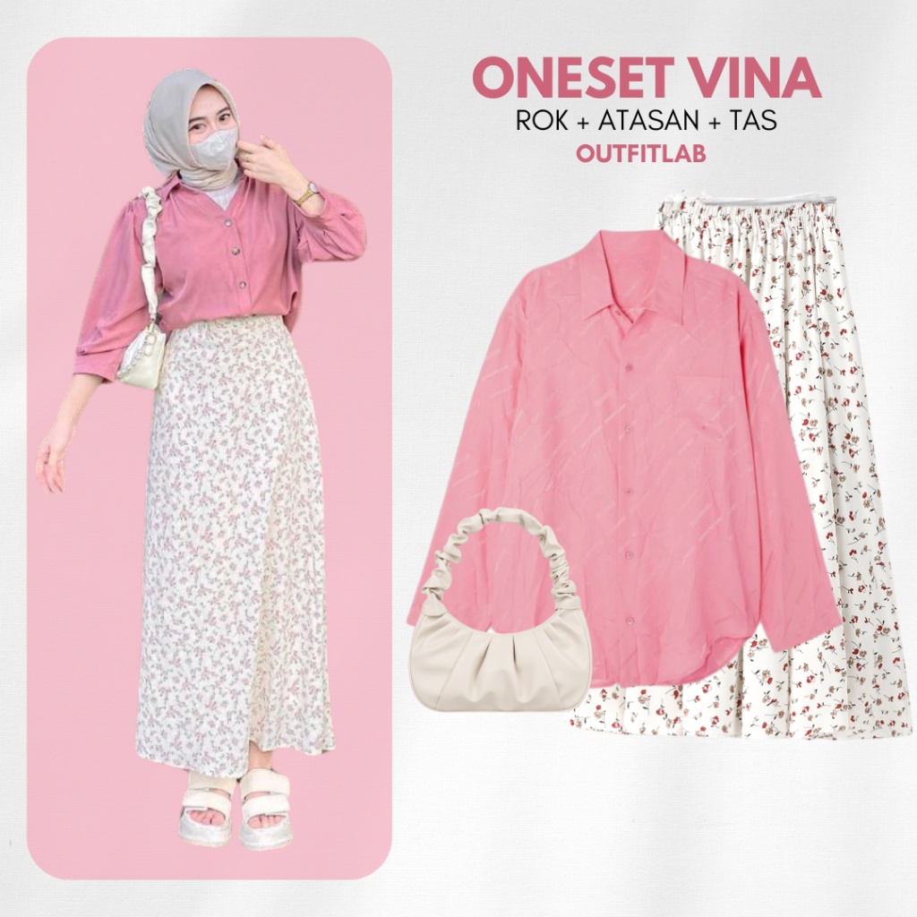 Outfit Set Vina Hijab Wanita Dress Blouse Rok Skrit Bunga Free Tas Bahu Setelan OOTD Kerja Kuliah