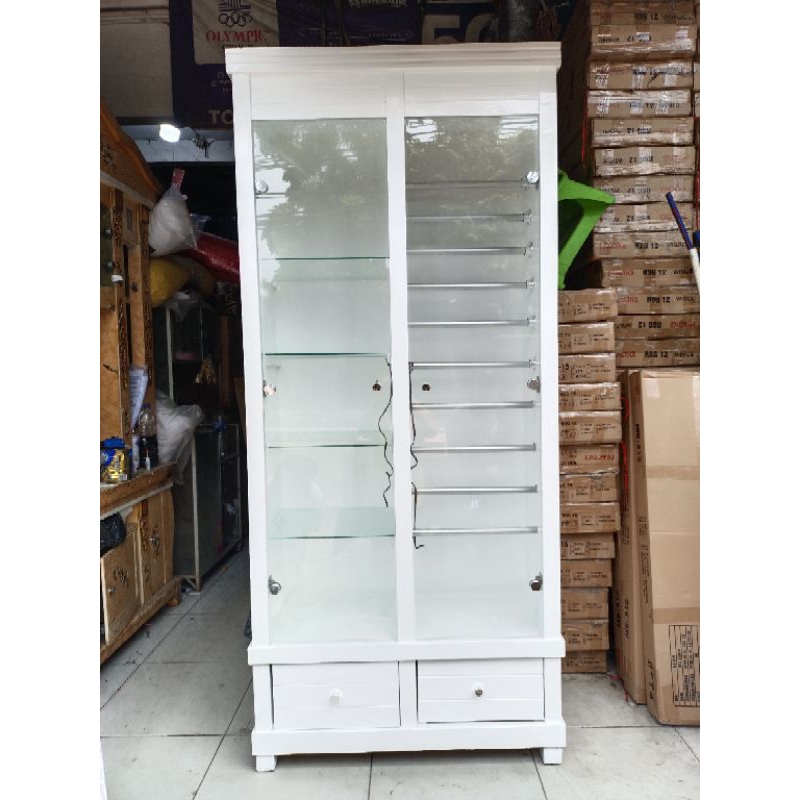 lemari pakaian pintu 2 kaca buka tutup Bupet hias gantungan gamis hijab sekat ambalan kaca laci 2 mi