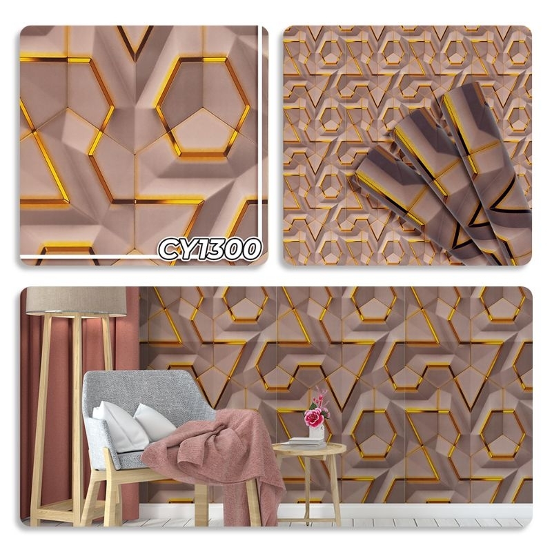 Wallpaper Sticker Dinding Motif 3D Hexagonal Coklat CY1300