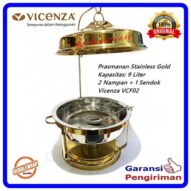 Prasmanan Bulat Stainless Gold Emas 9 Liter Chafing Dish Dengan Tiang Tutup Vicenza VCF02