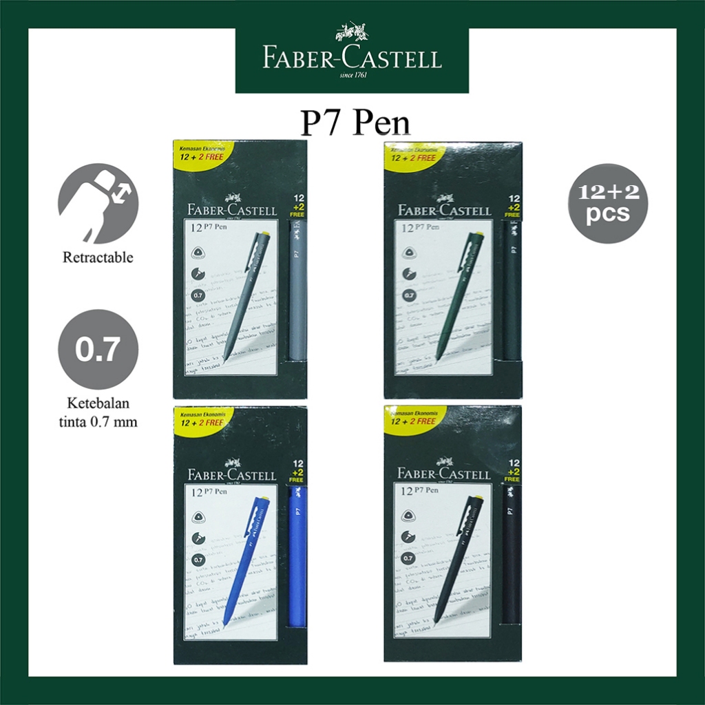 

Pulpen Ballpoint Faber Castell P7 / Black / Grey / Hunter Green / Royal Blue / Per Box Gratis 2 Pcs