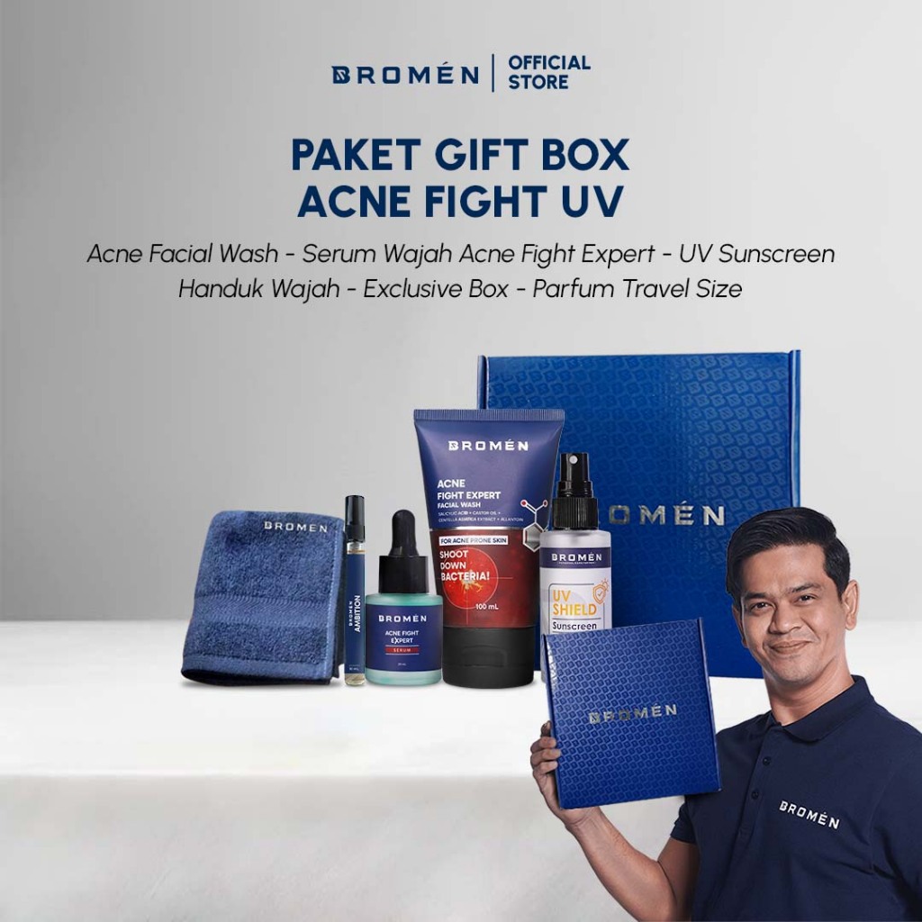 BROMEN Paket GIFT BOX - ACNE FIGHT (Acne Face Wash + Serum Acne + Sunscreen + Handuk Wajah + Parfum)