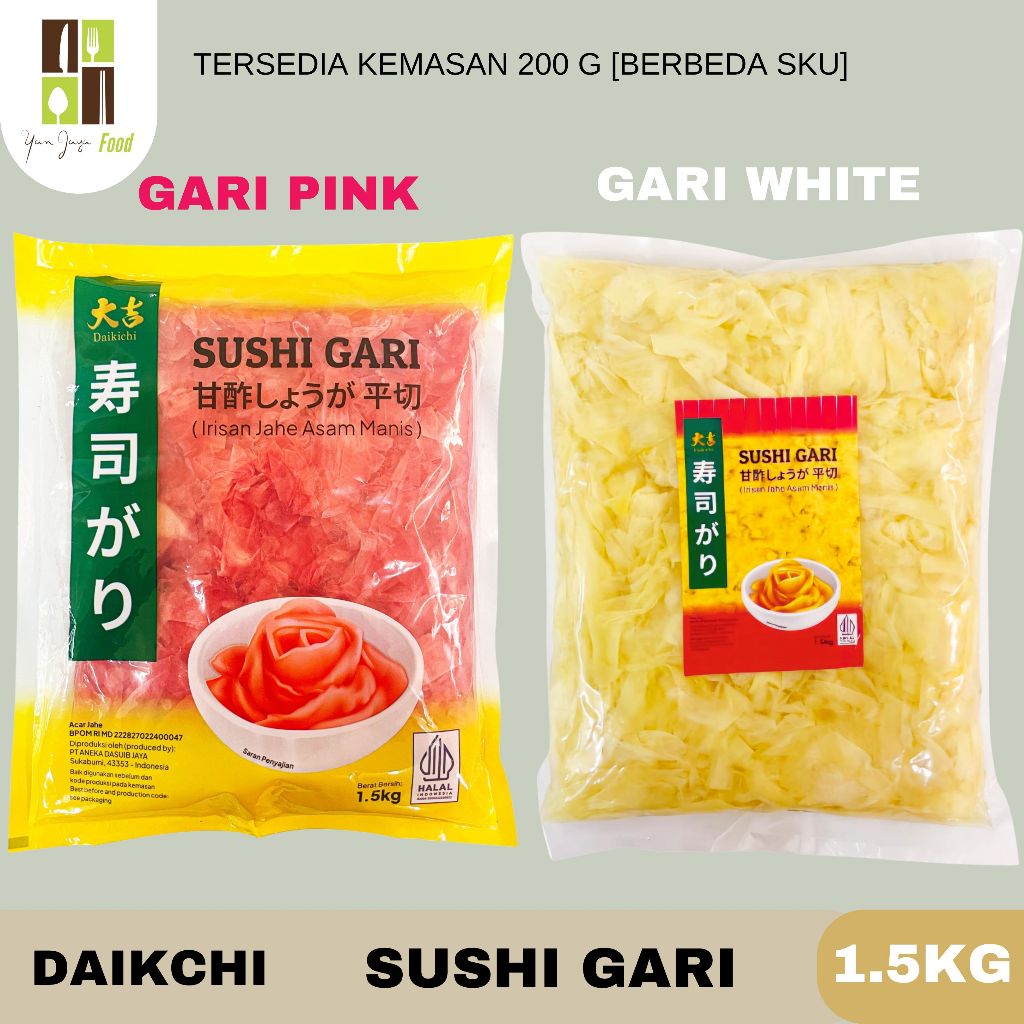 

DAIKICHI Sushi Gari / Gary / Irisan Jahe Asam Manis / Acar Jahe / Gari Pink / Gari White 1,5 KG