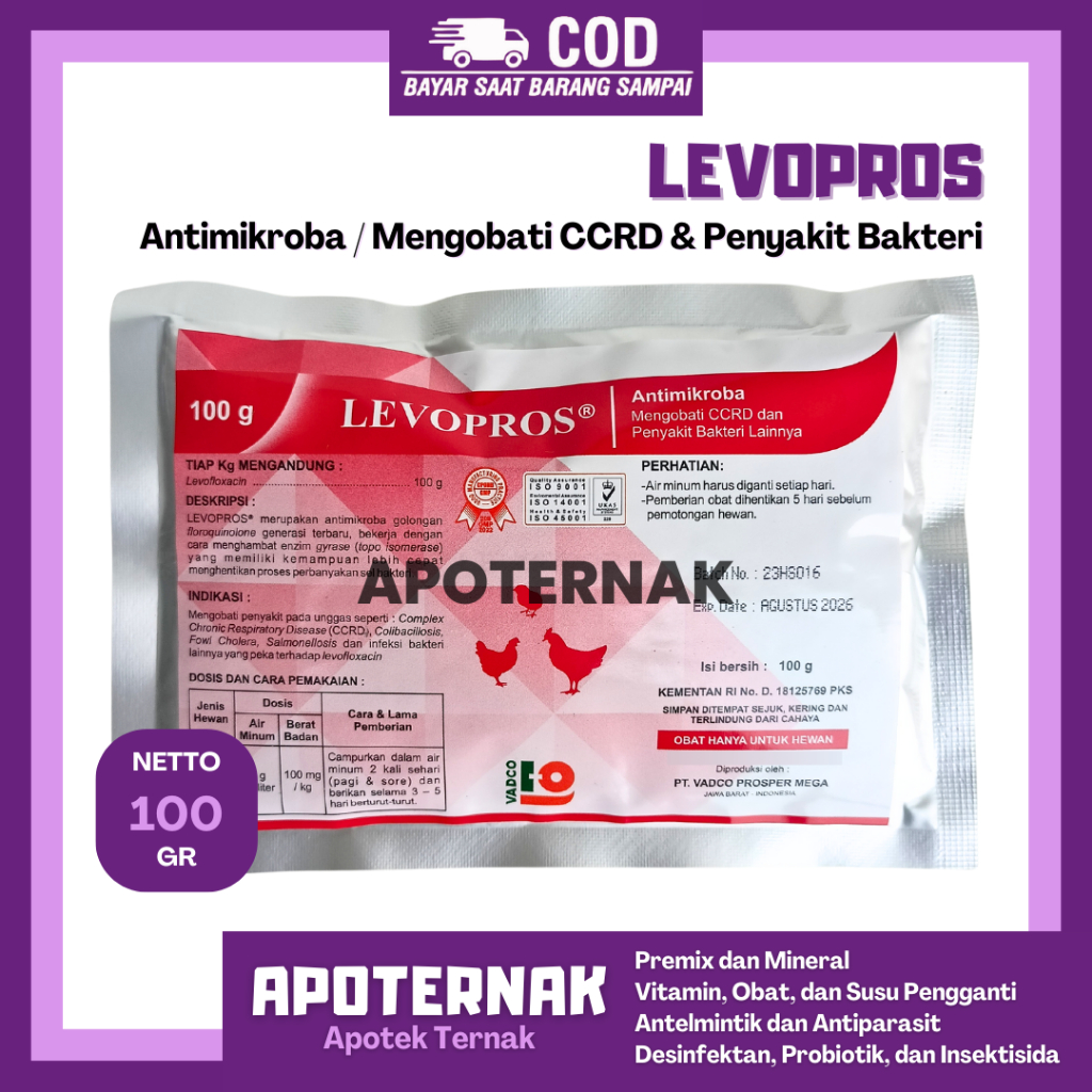 LEVOPROS 100 GRAM VADCO - Obat Ayam Cekres Batuk Crd Colibacilosis Salmonella Fowl Cholera CCRD Like