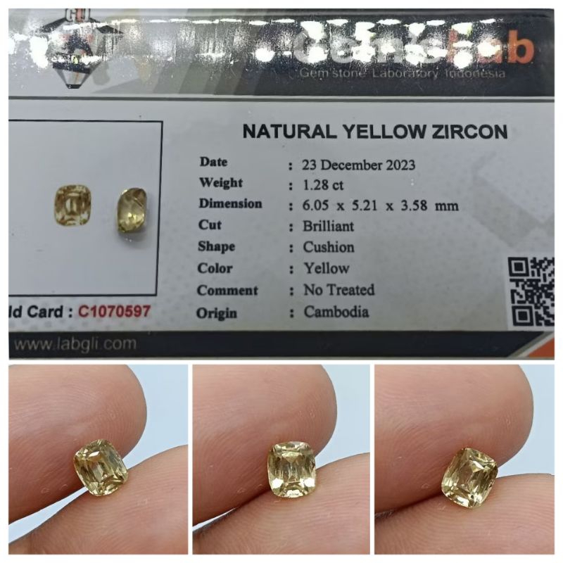 Natural Yellow Zircon Cambodia 1,2 ct clean istimewa memo GLI