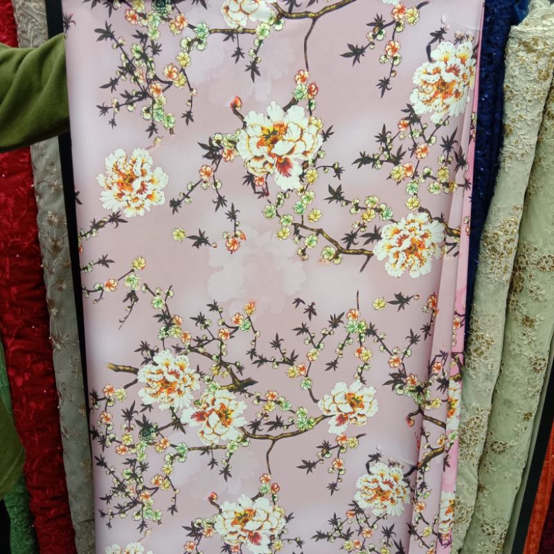 Bahan kain armani silk motif bunga sakura jepang