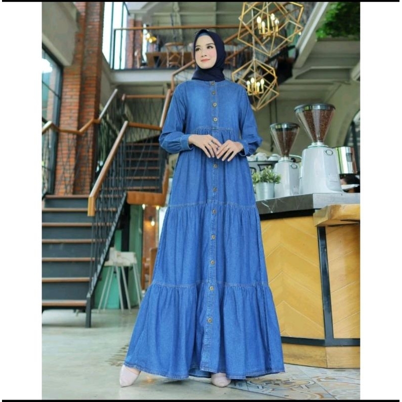 Bisa cod/gamis Umpak jeans terbaru/gamis jeans wanita/gamis jeans jumbo
