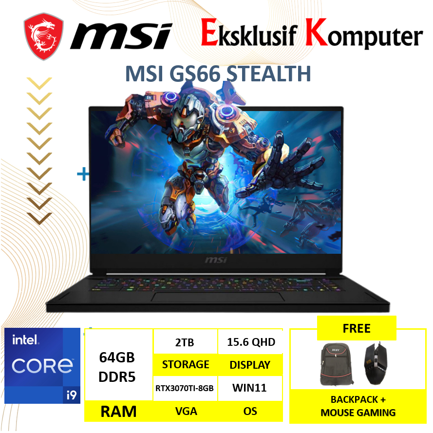 Laptop MSI GS66 Stealth Intel i9 12900H 64GB DDR5 2TB SSD RTX3070Ti 8GB 15" QHD IPS 240Hz Windows 11