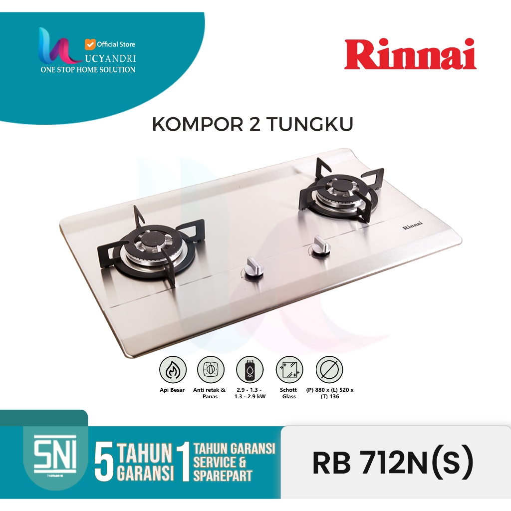 Kompor Gas Tanam 2 Tungku (Stainless) Rinnai RB-712N (S) / RB712NS ORI