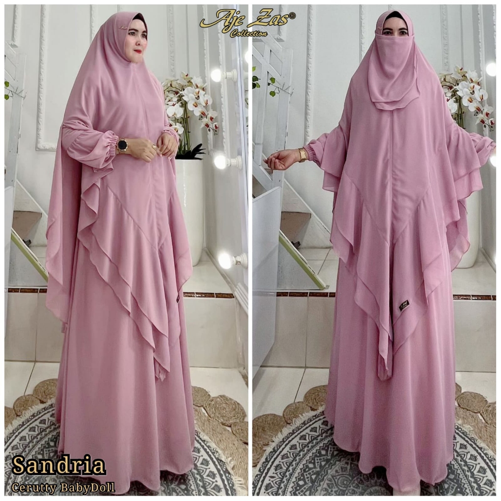 BISA COD Set Gamis Syari Kode SANDRIA Bahan Ceruty Babydoll Premium By Ory AjeZas Collection