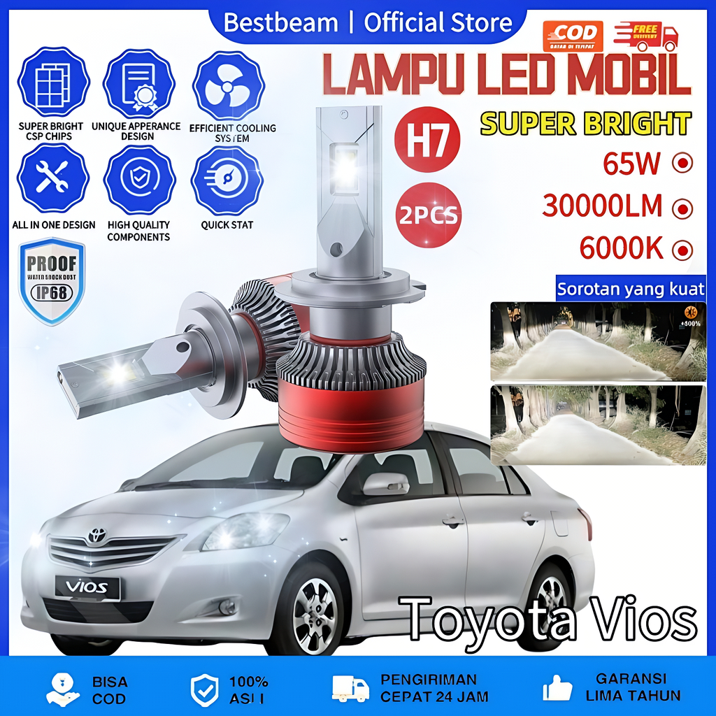 [Toyota Vios] LAMPU LED MOBIL H4 H11 H1 H7 9005 9006 9012 65 WATT 30000LM 6000K SEPASANG