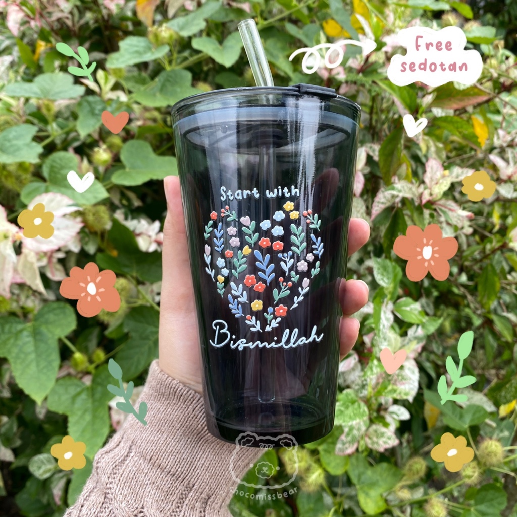 Gelas Kaca Aesthetic Start with Bismillah 450 ml / Double Drinking Glass / Gelas Kopi Gelas Juice - 