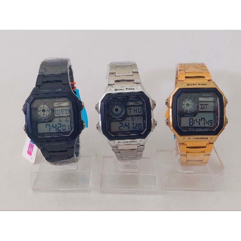Jam Tangan Pria Kotak SKMEI Ori Digital Rantai Hitam Gold Silver Waterproff