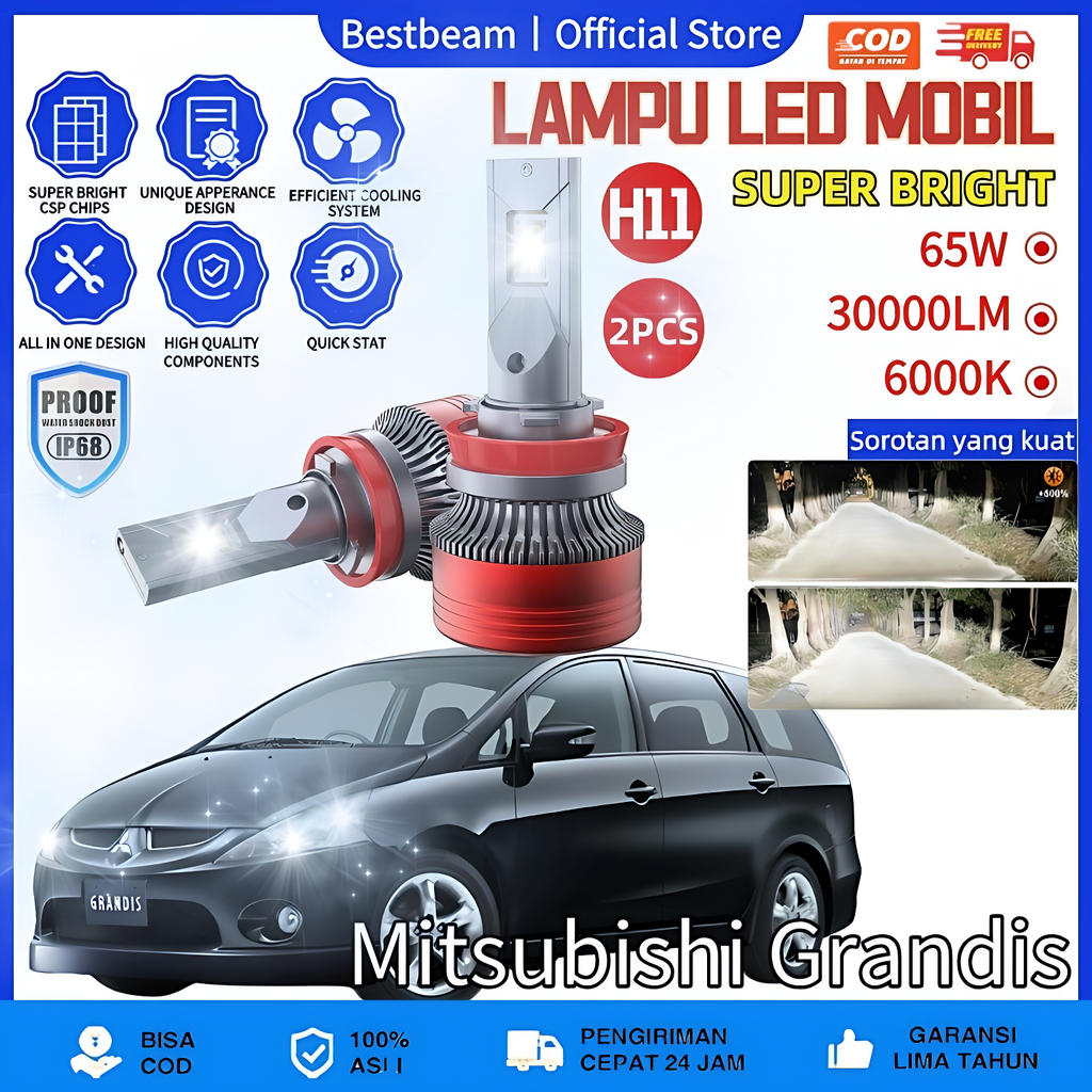[Mitsubishi Grandis] LAMPU LED MOBIL H4 H11 H1 H7 9005 9006 9012 65 WATT 30000LM 6000K SEPASANG