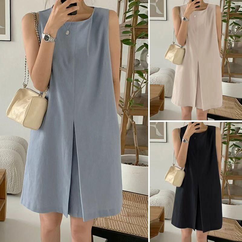 NEW Ezola Midi Maxy Dress Wanita Basic Korea Tanpa Lengan Matt Linen Premium OOTD Fashion Remaja