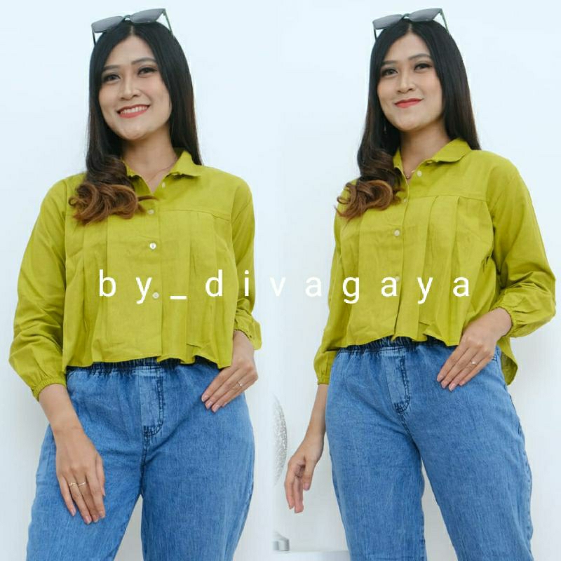 Setelan Wanita Abelia Atasan Kemeja Crop Celana Cutbray Jeans Terbaru