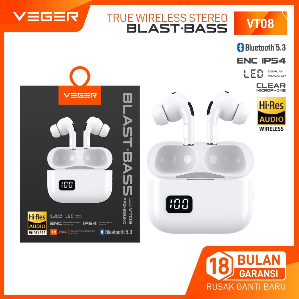 VEGER VT-08 NEW LED TWS True Wireless Earphone Stereo earbuds Bluetooth 5.3 Original Veger