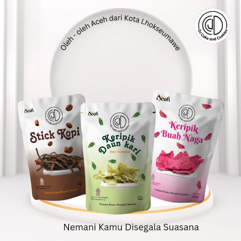 

Keripik buah naga / keripik kopi / keripik daun kari khas Aceh / cemilan oleh-oleh khas Aceh