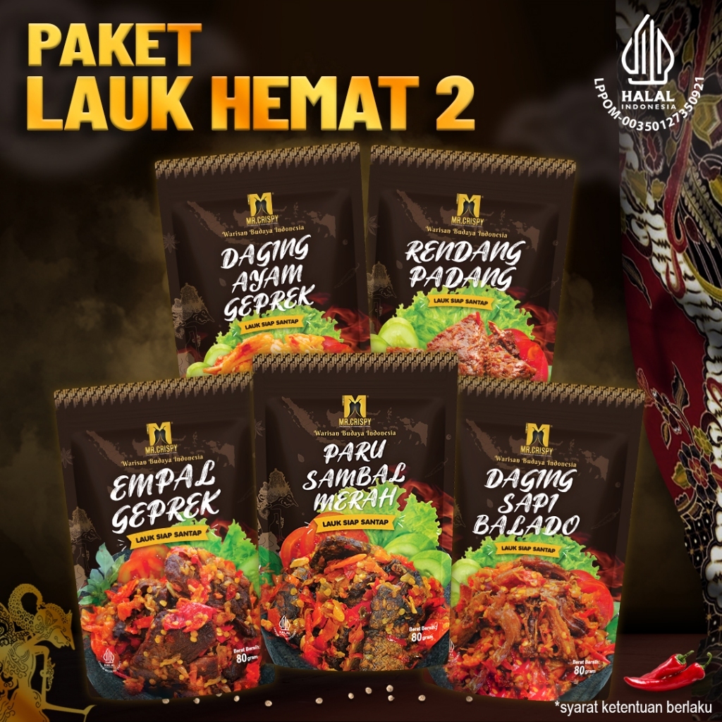 

Lauk Siap Saji By Mr. Crispy - Lauk Daging Ayam/Rendang/Empal Geprek/Paru/Daging Sapi Balado 80 gr