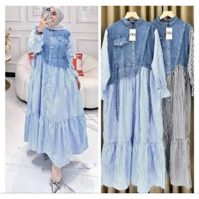Midi dress jeas mix katun jepang terbaru