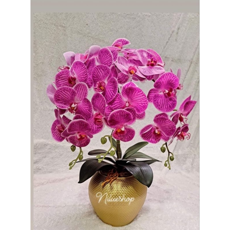 bunga anggrek artificial latex premium import +vas gold /bunga meja