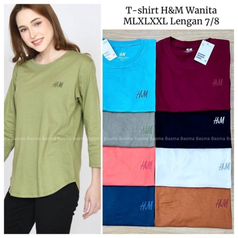 Kaos H&M Wanita Polos Cewek Lengan Panjang 7/8 3/4 Original Kekinian Bahan Adem