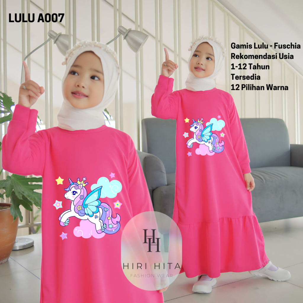 Hirihita A007 Baju Gamis Lulu Anak Perempuan Kuda Pony Unicorn Magic 12 Pilihan Warna 1-12 Tahun