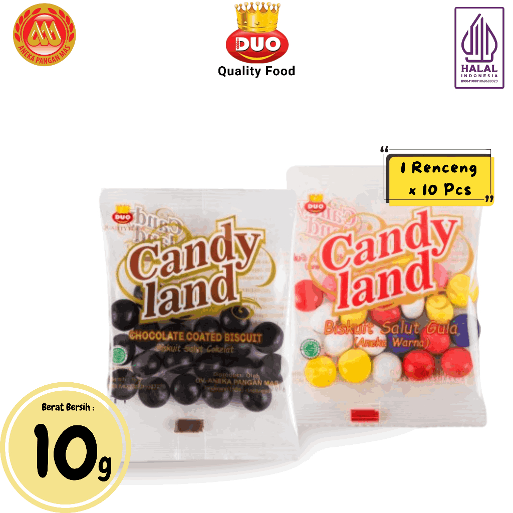 

DUO Candy Land Coated Biscuit Biskuit Bola Salut Cokelat ( 1 Renceng x 10pcs ) - Netto 10gr Snack Cemilan Anak Murah