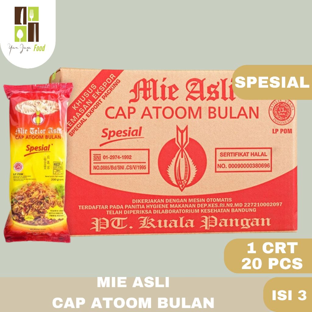 

Mie SPESIAL / Mie Asli / Mie Telor / Cap Atom Bulan / Mie Atoom Spesial Kemasan Isi 3 1 KARTON / 20 PCS