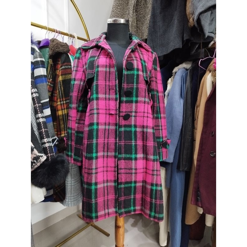 Coat wool Winter Motif Kotak Mewah Fushia hijau