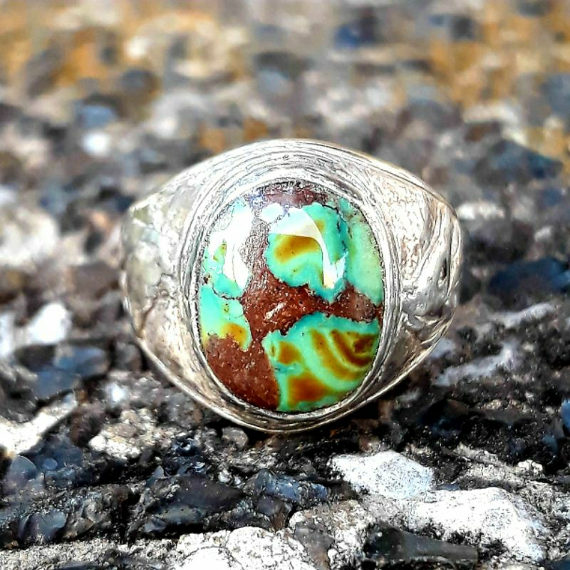 cincin perak pirus persia hijau daun