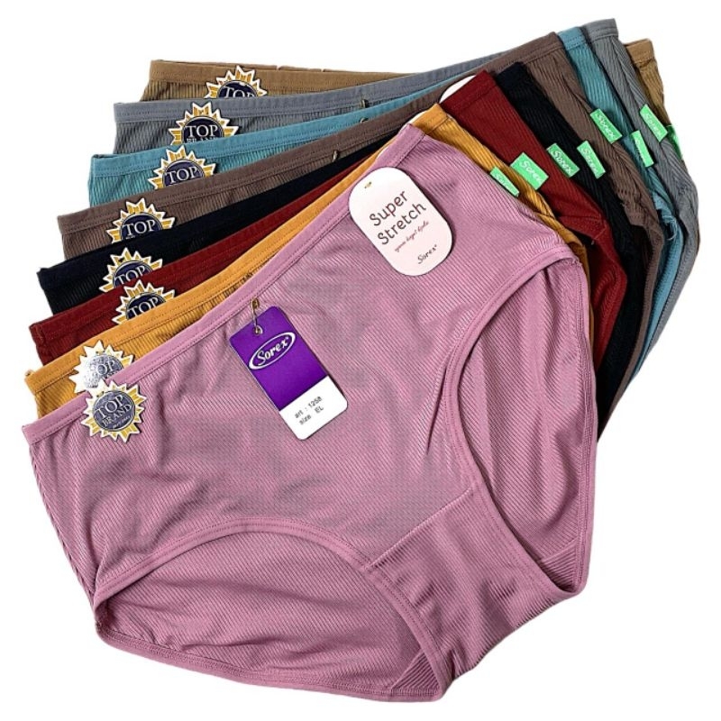 (6pcs) Celana dalam Sorex 1258 super soft-pakaian dalam wanita dewasa stretch motif salur timbul