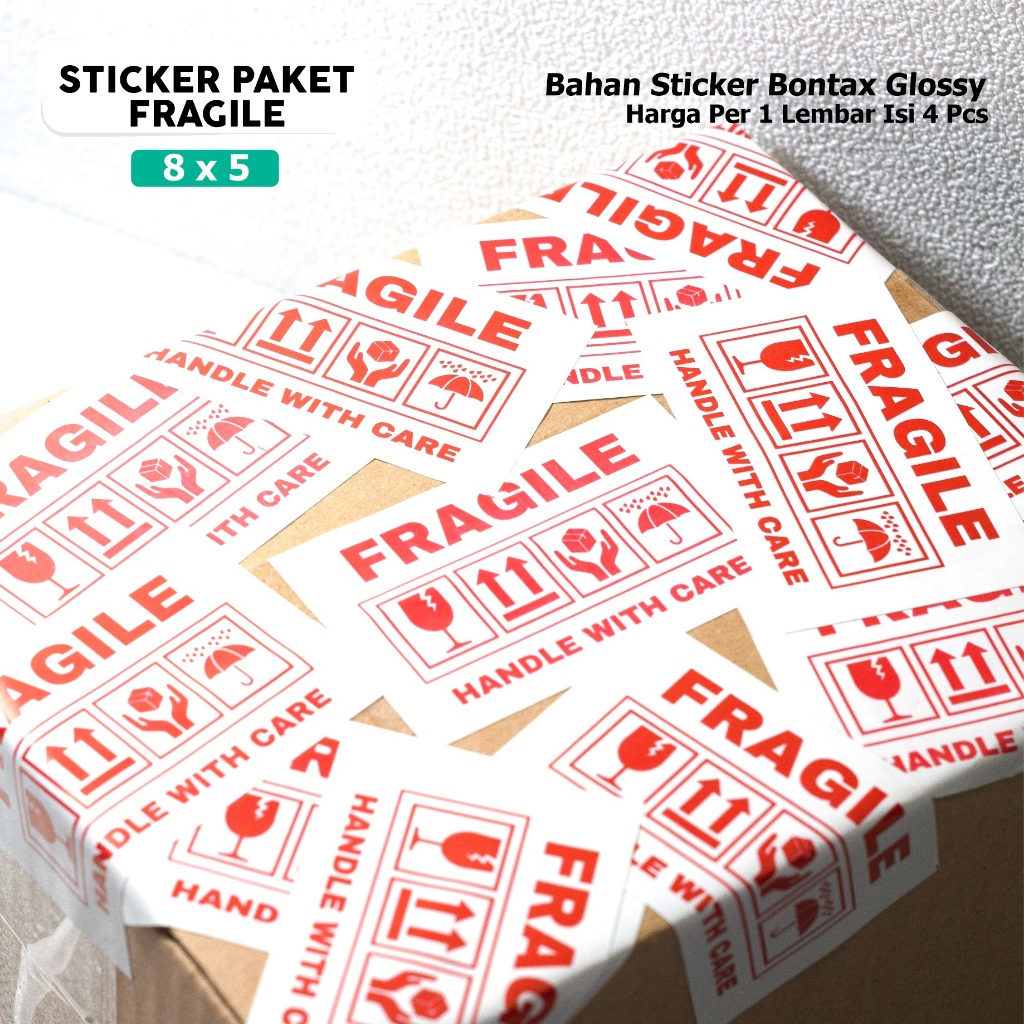 

(4 PCS) Sticker Pengiriman Fragile Handle With Care / 8x5cm / Bahan Bontax Glossy / Sticker Label Paket