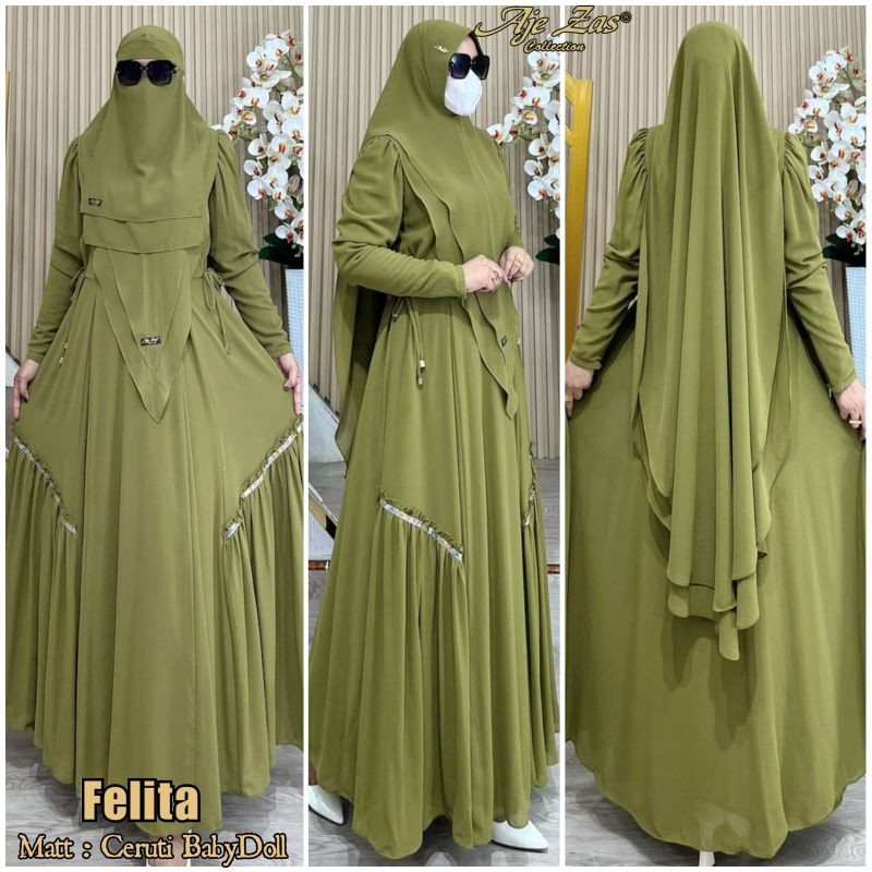 AJE ZAS - Gamis Syar'i Polos List Set Hijab standar Kepala Soft Ped Antem Kode FELITA Matt Ceruti Ba