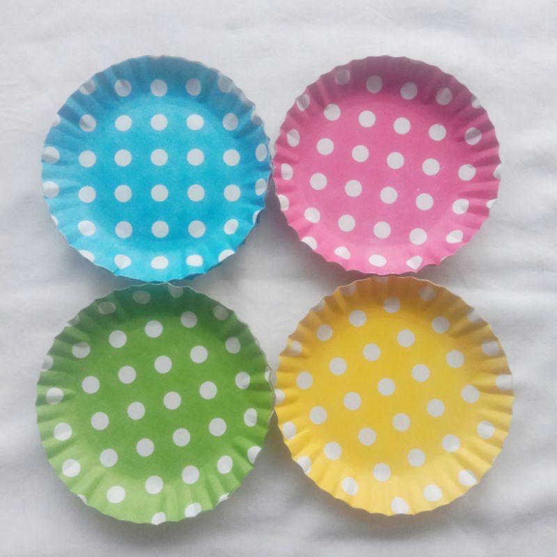 Piring kertas bulat polkadot warna warni paper plate ulang tahun kue cake ultah birthday peralatan m