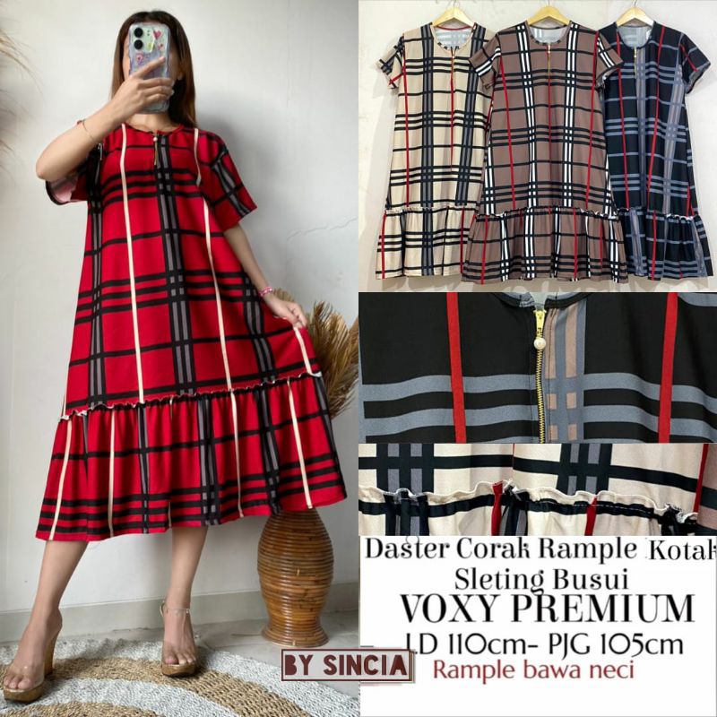 dress voxy kotak kotak resleting dress busui