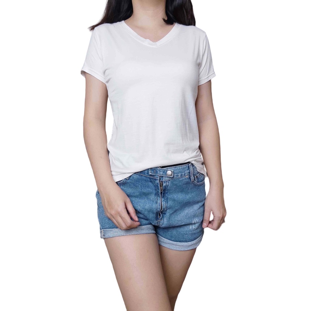 Kaos Wanita Baju Polos Spandex Rayon Vneck Lengan Pendek Body Fit