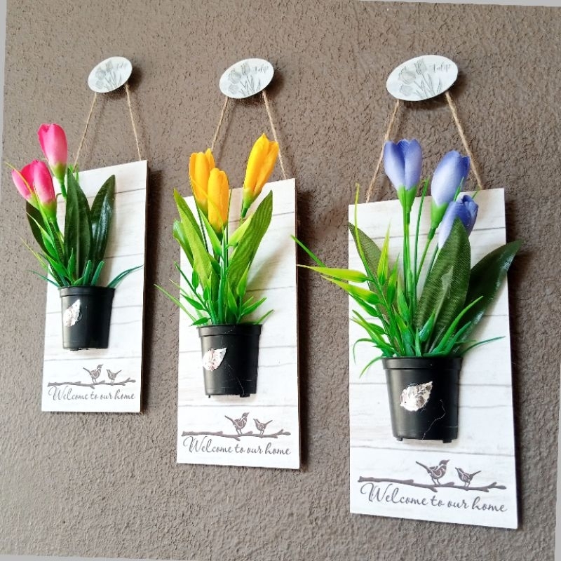 Tulip Mini Hiasan Dinding Bunga Plastik Artificial 3 Kuntum Timbul 3D