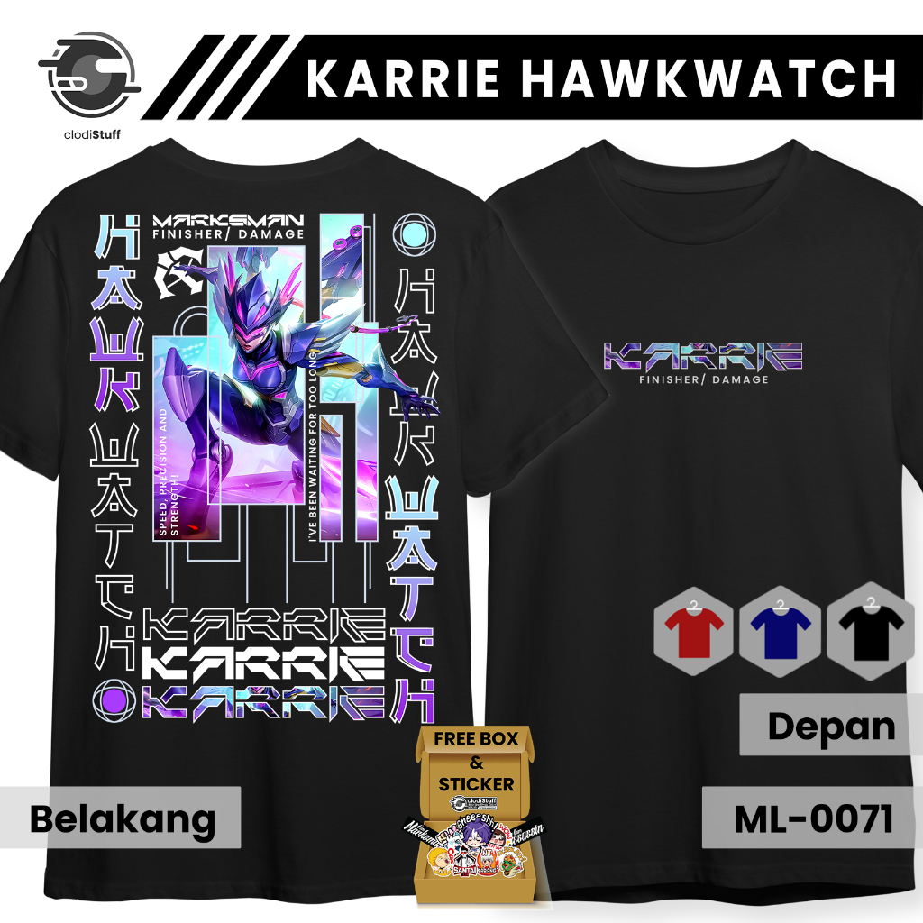 Kaos KARRIE HAWKWATCH Lengan Pendek Hitam Combed 24s Skin EPIC MM Mobile Legends ML MLBB Distro